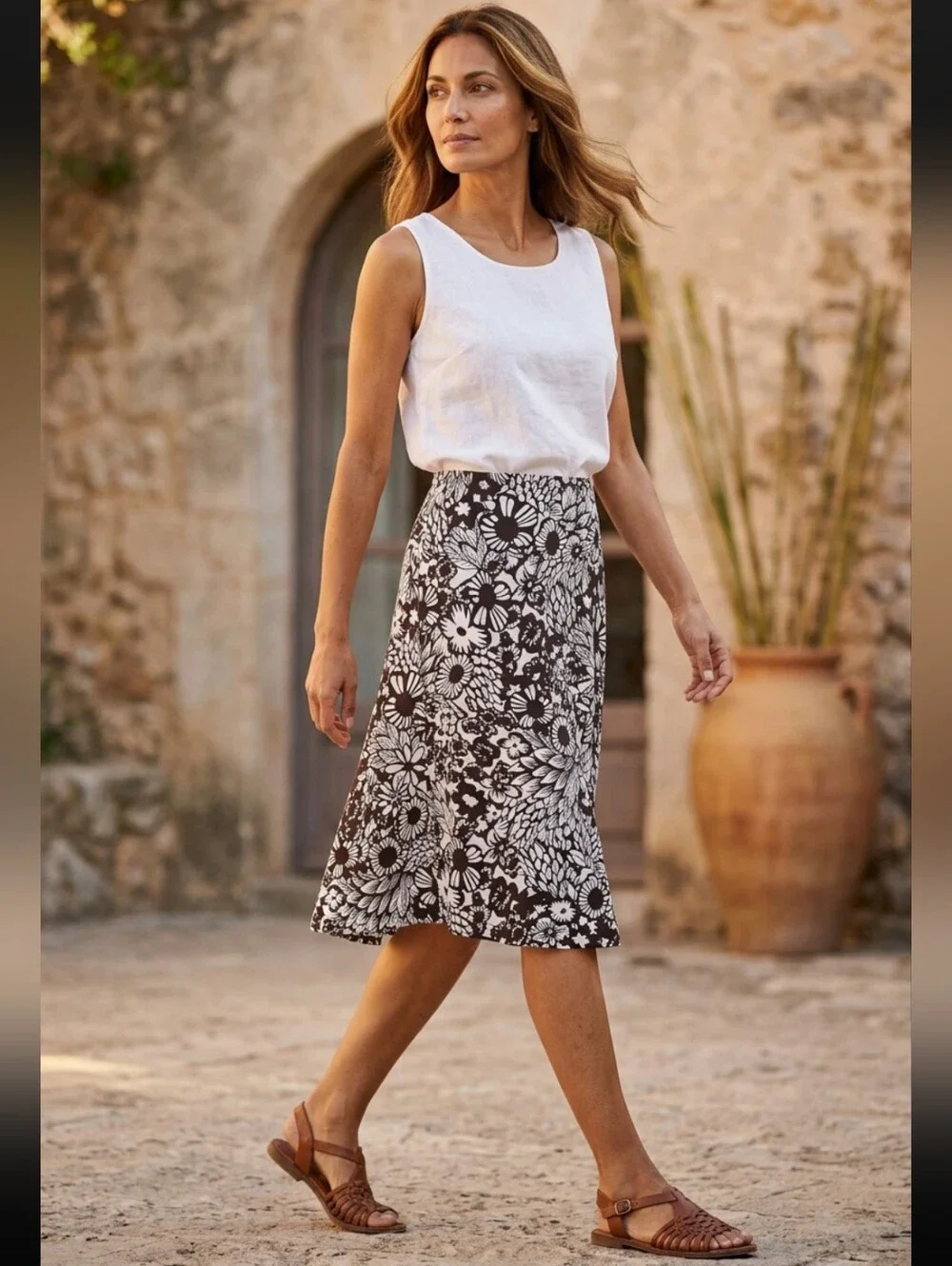 Reitmans Brown & Cream Juniors Floral A-Line Midi Skirt Flowy Size 7